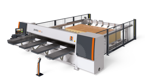 The horizontal pressure beam saw ZENTREX 6215 lift with standard lifting table for batch processing The horizontal pressure beam saw ZENTREX 6215 lift with standard lifting table for batch processing
